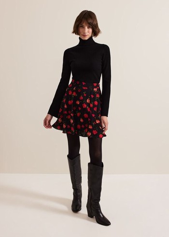 Phase Eight Ilaria Rose Print Flippy Skirts Black Canada | ARZVTK-784